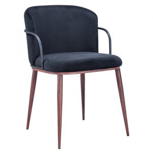 Upholstered Rio Side Chair with black metal frame and arms, and wooden legs.