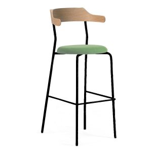Saga barstool with black metal frame, light wood back, and green upholstered seat.
