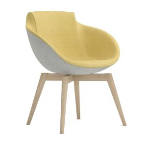 Front view of the Tula armchair. The seat is yellow and gray, with a solid wood base.