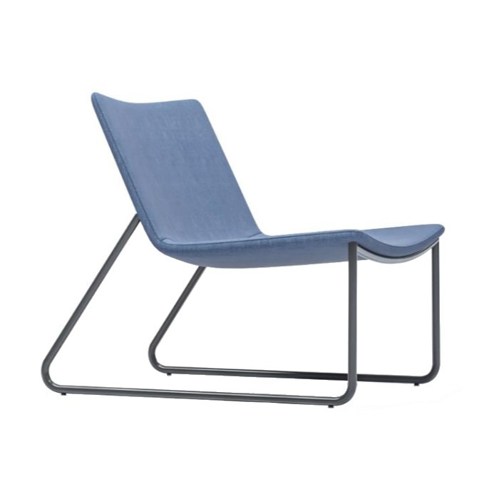 Side view of a blue Vegas lounge chair with a metal frame.