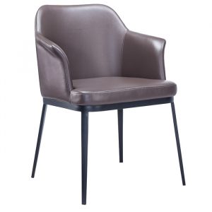 Front view of a Vince armchair. It has a black metal frame, upholstered seat and back in brown leather.