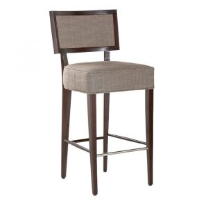 Upholstered Chicago barstool with a wooden frame, footrest, and patterned fabric on the seat and back.