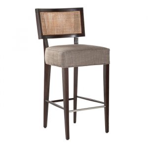 Chicago weave barstool, upholstered seat and woven back, on a dark wooden frame.