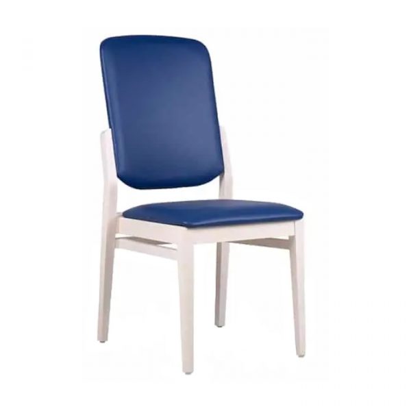 Angled view of the Ines High Back Side Chair. White wood frame with blue upholstered seat and back. Stackable chair.