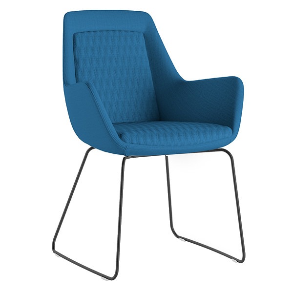 Upholstered blue Ottavia armchair with a quilted pattern on the seat and back. The frame is black metal. Front angle.
