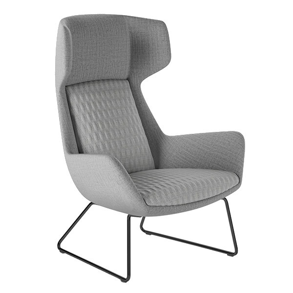 Angled view of an Ottavia high back lounge chair. Light gray upholstery with a black metal frame.