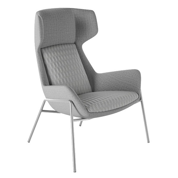 Angled view of the Ottavia High Back M Lounge Chair in gray upholstery with a metal frame and legs.