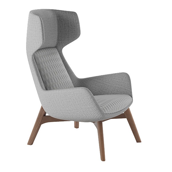 Angled view of a gray Ottavia High Back W Lounge Chair with a wood frame.
