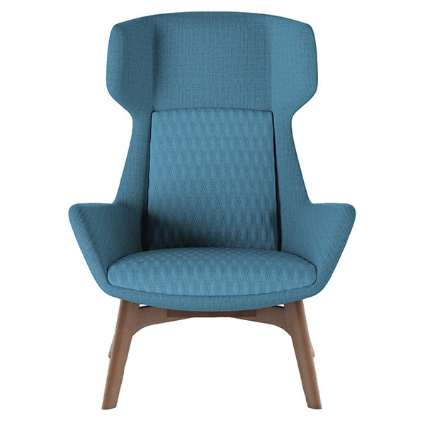 Front view of the Ottavia high back W lounge chair in blue upholstery with a diamond pattern and ash wood frame.