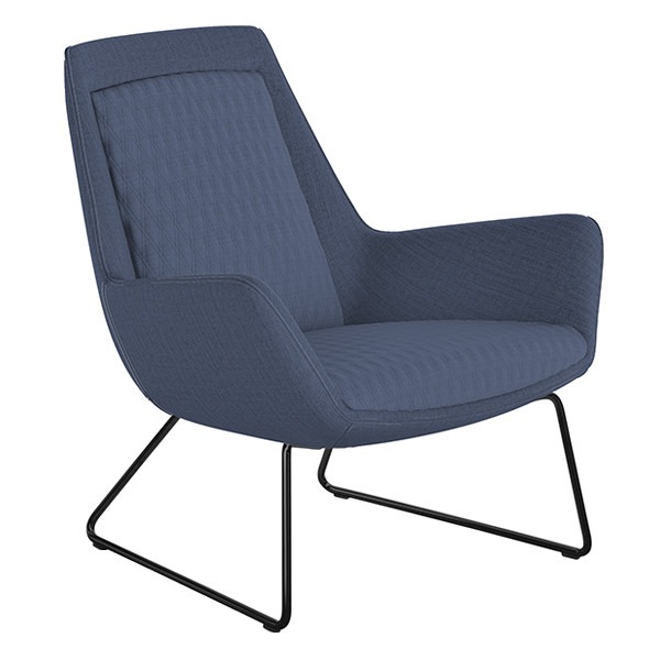 Angled view of a blue upholstered Ottavia Lounge Chair with a black metal frame.