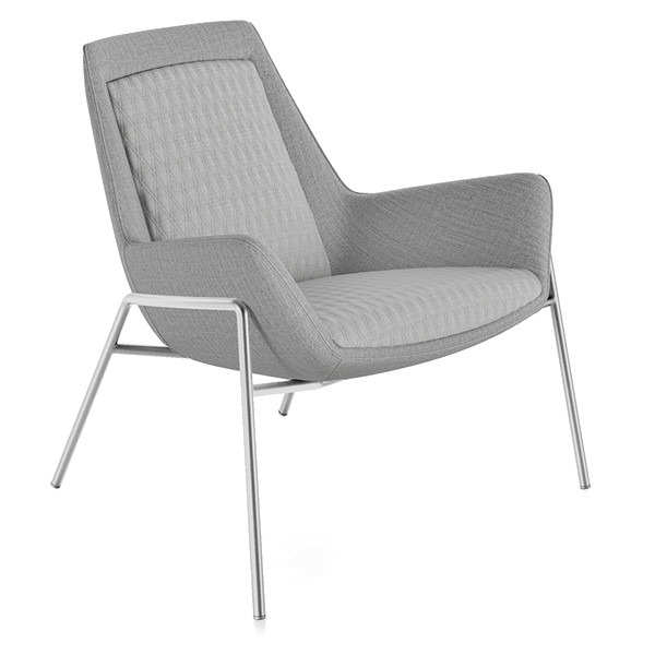 Angled view of the Ottavia M lounge chair in gray fabric with a metal frame.