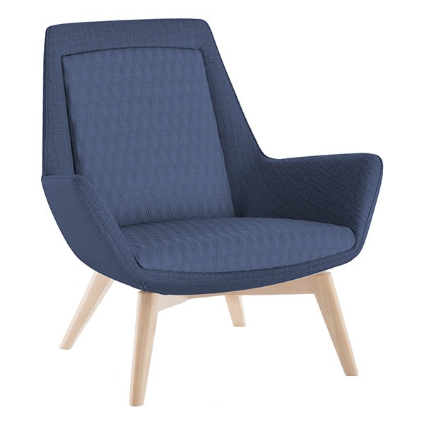 Angled view of the Ottavia W lounge chair. Blue upholstered seat and back with ash wood frame.