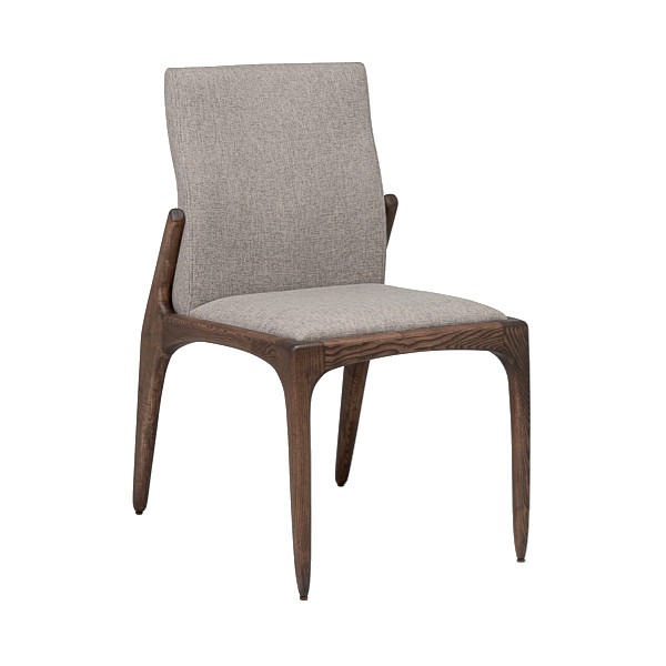 Angled view of the Moxey Side Chair. It has a wood frame and upholstered seat and back in a light gray fabric.