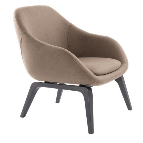 Upholstered Alisha lounge chair in brown fabric with a dark beech wood frame. Angled view.