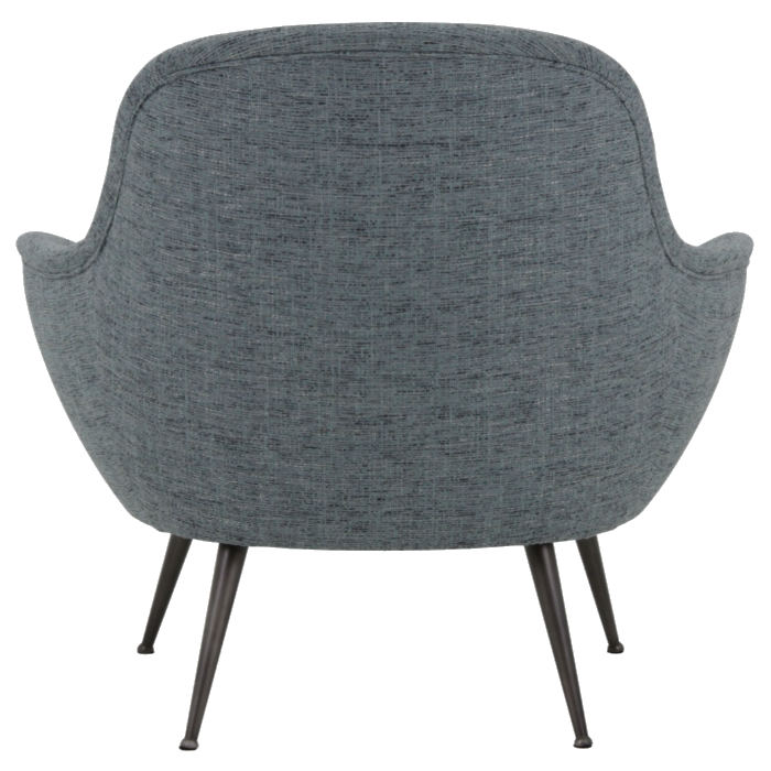 Back view of a blue upholstered Club Lounge Chair with a metal frame.