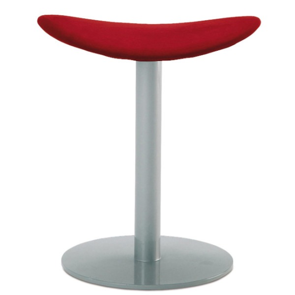 Coma P low stool with a red upholstered seat and metal pedestal base.