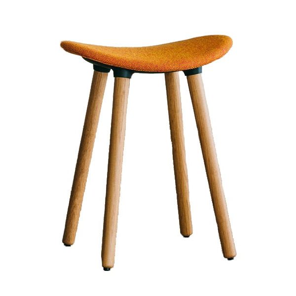 Coma W low stool with orange upholstered seat and light wood legs. Modern design.