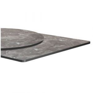 Close-up of a grey marble-patterned compact laminate top, in square and round shapes.