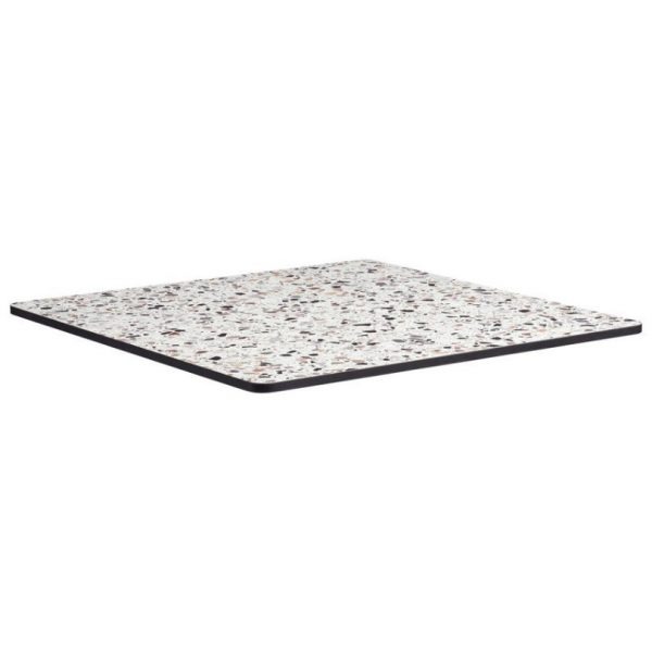 Square compact terrazzo laminate top with a black edge.