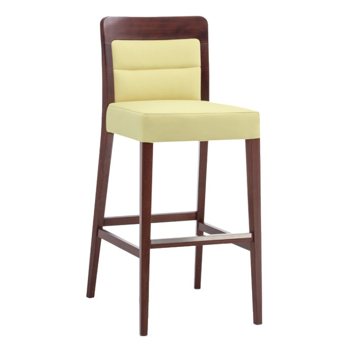 Front view of the Dora barstool. Wood frame, upholstered seat and back in yellow fabric.