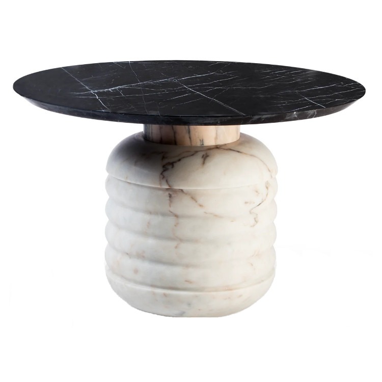 Stone Jean coffee table with a Nero top. The base is a ridged, light marble.