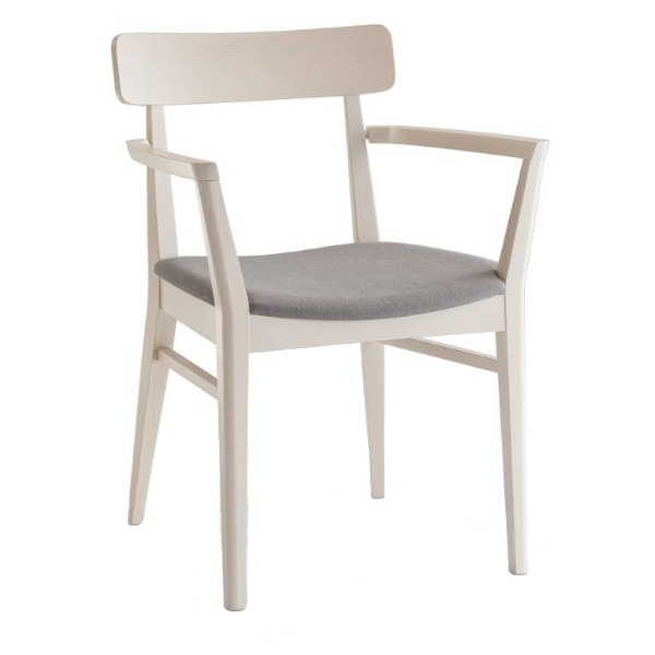 Front view of a Kiko armchair. Beech wood frame and back, upholstered seat in gray fabric.