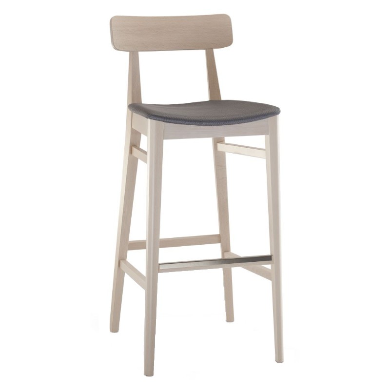 Front view of the Kiko barstool. Beech wood frame, gray upholstered seat, and a footrest.