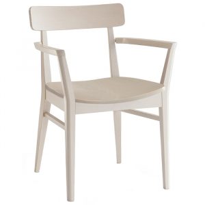 Front view of the light-colored beech wood Kiko W Armchair, featuring a curved seat, straight back, and armrests.