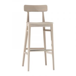 Front view of a light wood Kiko W barstool with a footrest.