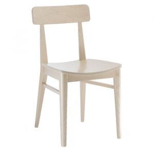 Front view of a light beech wood Kiko W side chair with a curved seat and rectangular back.