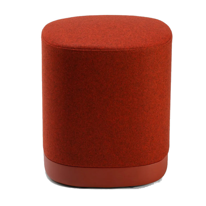Upholstered Puck pouf in red fabric. Round upholstered seat with a matching base.