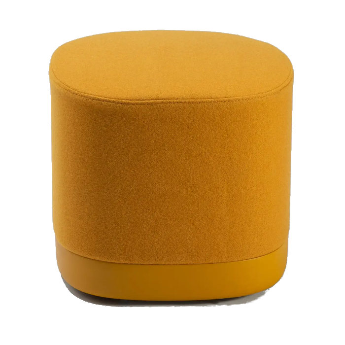 Upholstered mustard yellow Puck pouf. Round upholstered seat and base. Modern low stool.