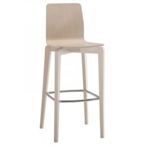 Front view of a light wood Susi barstool with a silver metal footrest.