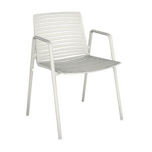 Front view of a white Zebra Armchair. Metal frame, seat and back with horizontal slats. Stackable outdoor furniture.