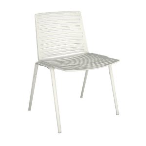 White Zebra Side Chair. Metal frame, seat and back with horizontal slats. Stackable.