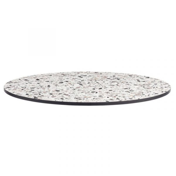Overhead shot of a round Compact Terrazzo Laminate Top with a black edge.