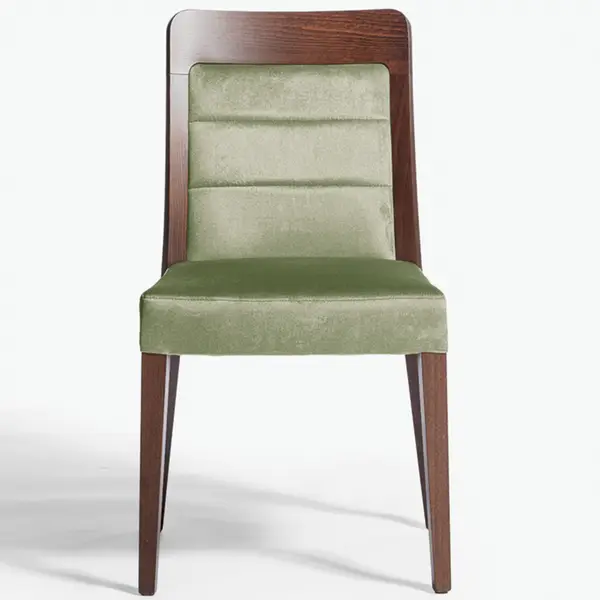 Direct straight-on view of a Dora Side Chair with a walnut-stained frame and horizontal-stitched olive velvet upholstery.