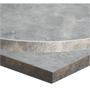 Close-up of a laminate stone top. The Egger F121 ST87 table top has a gray stone effect. Corner and edge detail visible.
