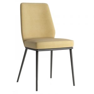 Angled view of a Lisa Side Chair. It has a metal frame, upholstered seat and back in light yellow fabric.