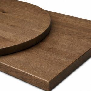 High-angle shot highlighting the texture of Wood Rustic Smoked Oak Table Tops, stacked to display 32mm thick profiles.