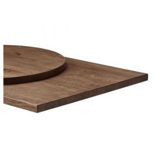Close-up of round and square Wood Rustic Smoked Oak Table Tops, showcasing the wood grain and 32mm thickness.