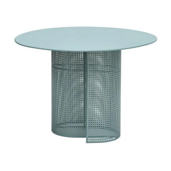 Light blue Arena dining table with a round metal top and a cylindrical metal base with a perforated pattern.