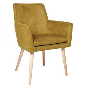 Upholstered Bibi armchair in gold fabric with wooden legs. Armchair with seat and back in a wide range of fabrics, leathers or COM.