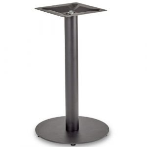 Steel metal frame of a flat small round dining base with a round base and square top plate.