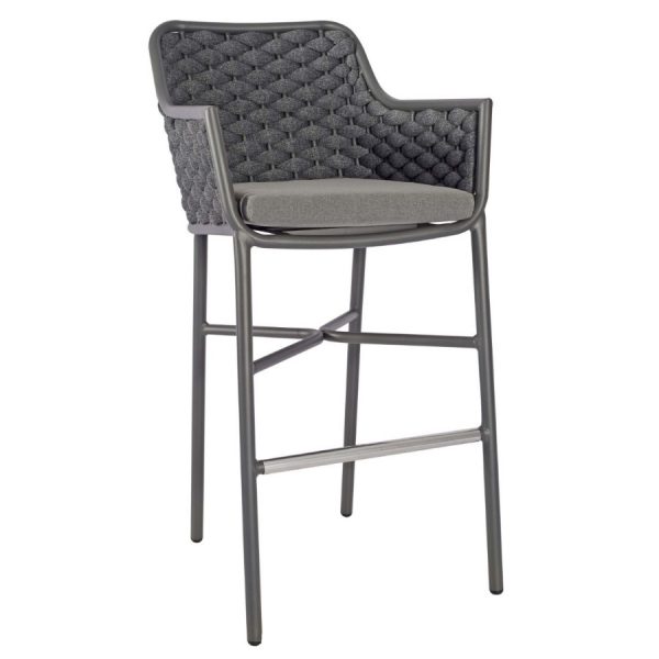 Cordoba barstool, gray metal frame with woven back and arms, and upholstered seat cushion.