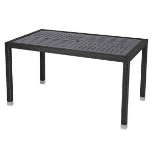 Geneva rectangle dining table with a dark PE resin weave frame and EPC aluminum top. The table has a modern style with clean lines.