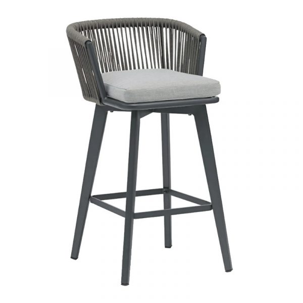 Front view of the Lady Barstool with a gray metal frame and woven back. It has a light gray upholstered seat cushion.