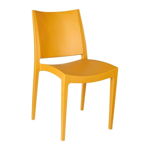 Mustard yellow Livorno side chair. Polypropylene frame, seat, and back. Stackable outdoor chair.