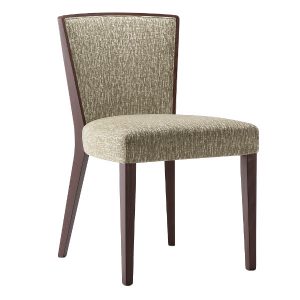 Upholstered London side chair with wooden frame. The seat and back are a textured beige fabric.