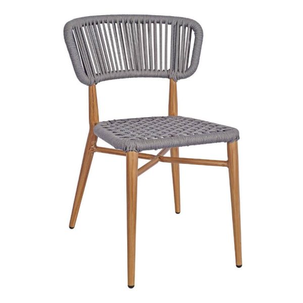Madrid side chair with grey woven rope seat and back, and light brown metal frame.